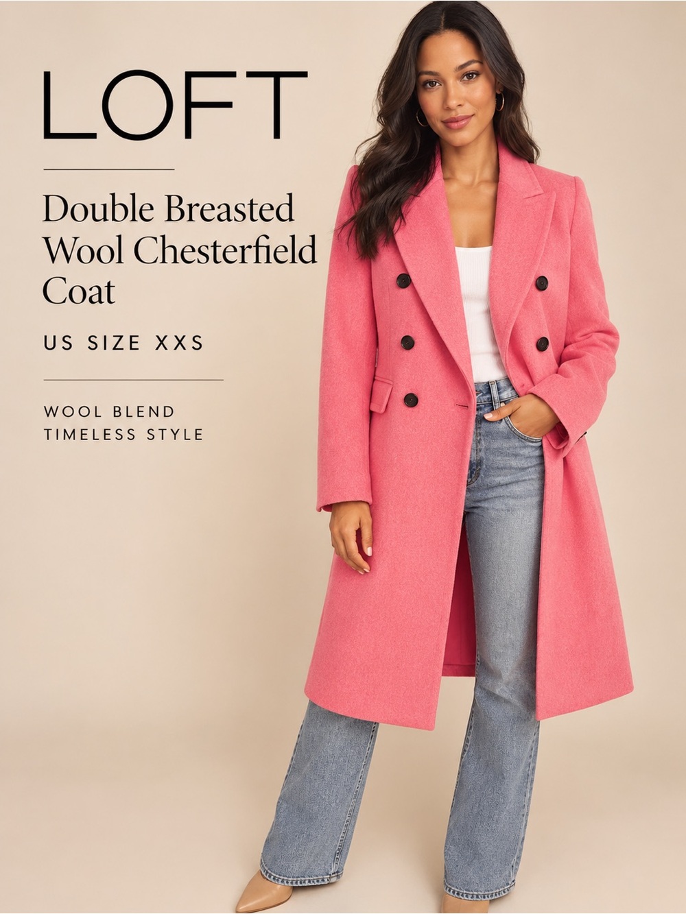 LOFT Double Breasted Wool Chesterfield Coat Pink XXS NWT Barbiecore